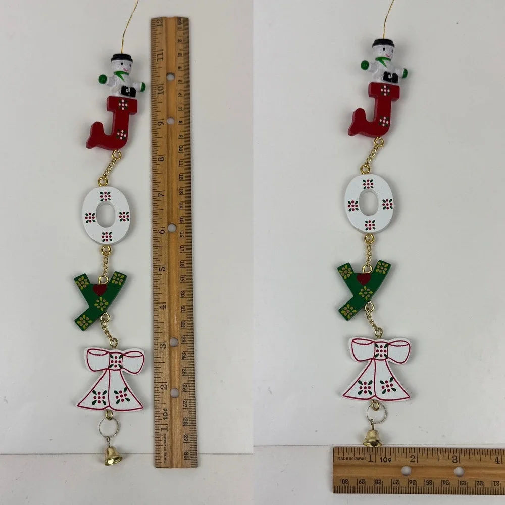 Vtg Christmas Expressions Joy Wood Hanging Ornament‎ w Gold Accents Bell Snowman